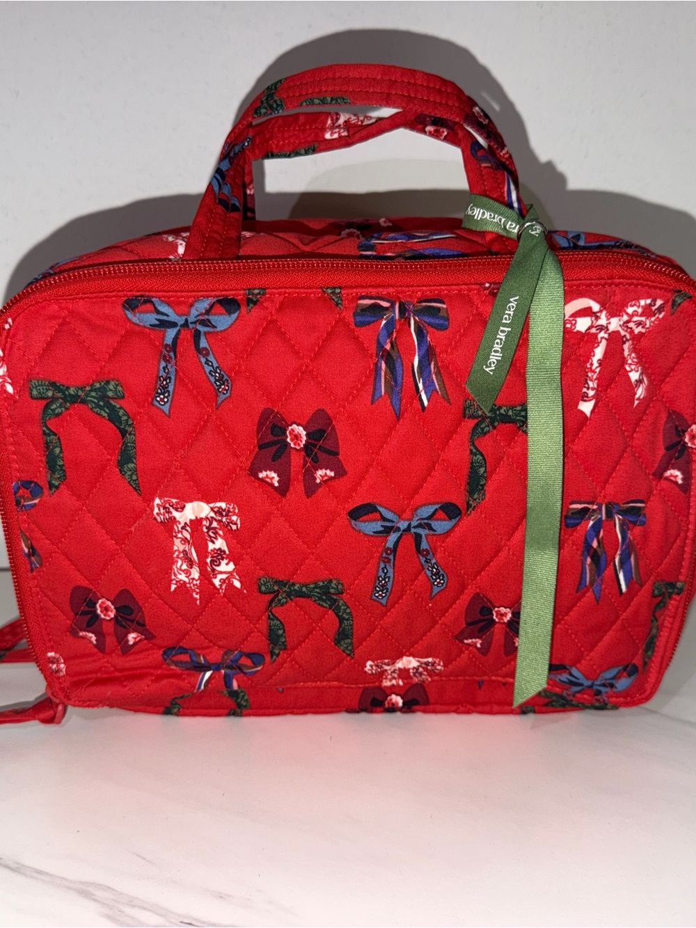 Vera Bradley Red Quilted Bow-Print Travel Cosmetic Case with Green Ribbon